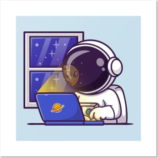 Cute Astronaut Working On Laptop In Space Cartoon Posters and Art